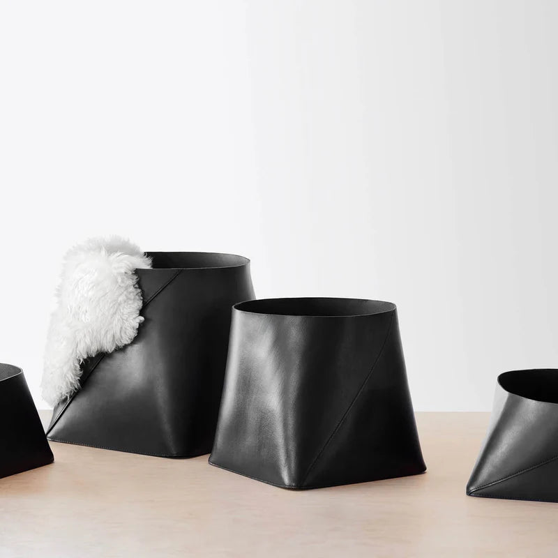 Azad Tall Leather Storage Bins - Black